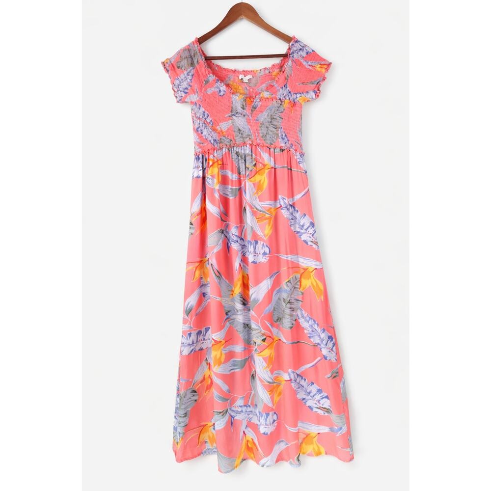 Patrons of Peace Coral Tropical Maxi Dress M Smocked Bodice Boho Beach 100%Rayon